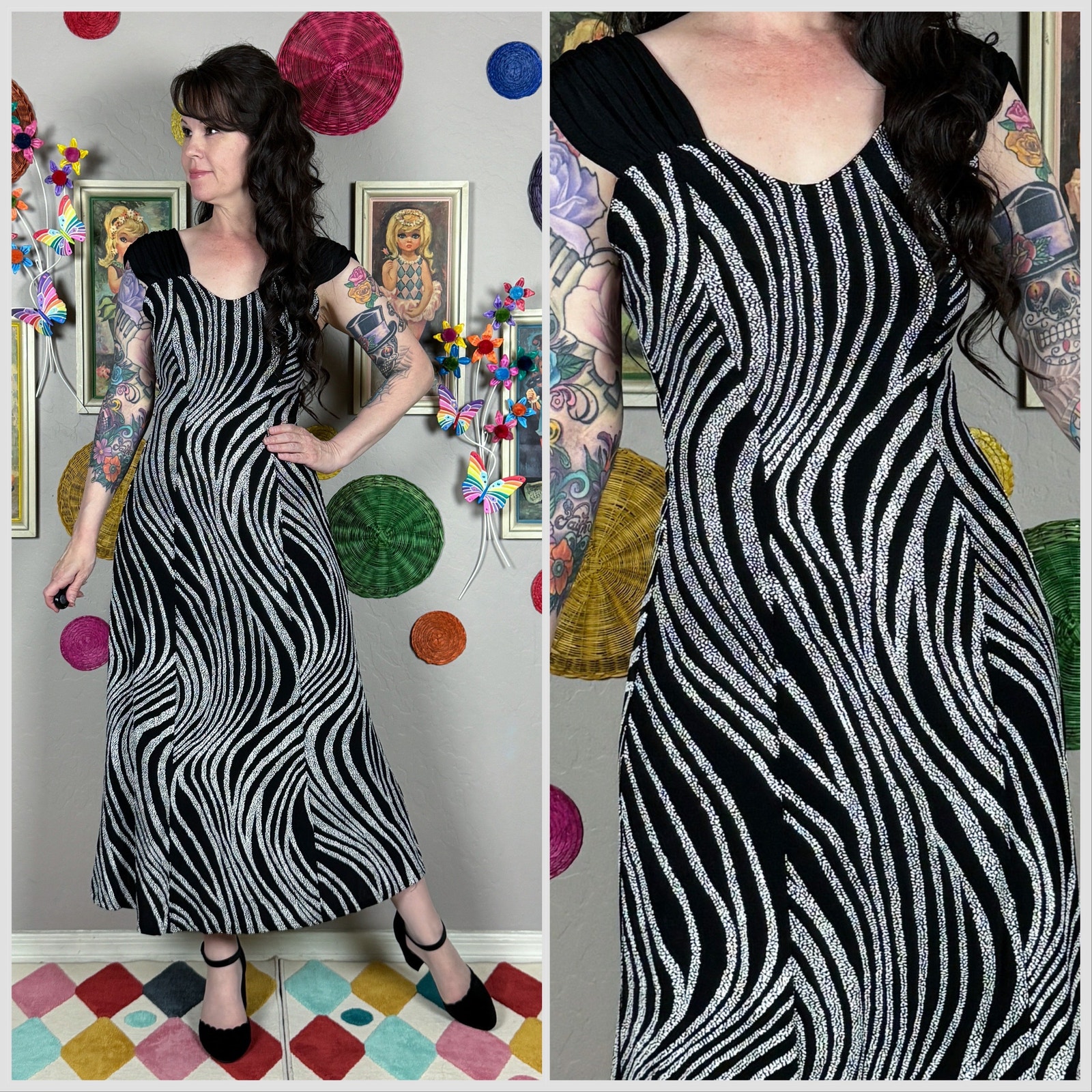 Vintage 1990s Abstract Zebra Print Slinky Midi Dress